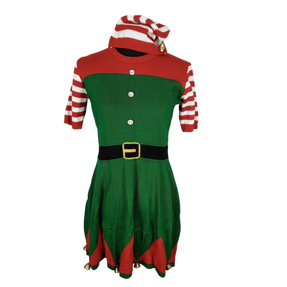 Poof New York Women's Elf Christmas Short Sleeve Dress W/ Bells and Hat Size Sma